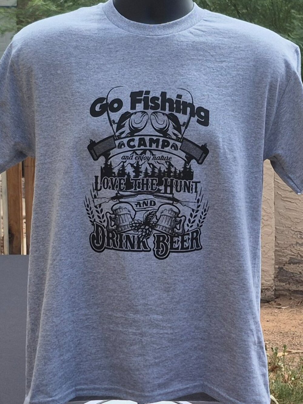Go Fishing Camp Love the Hunt Drink Beer Graphic Tee Sport Grey